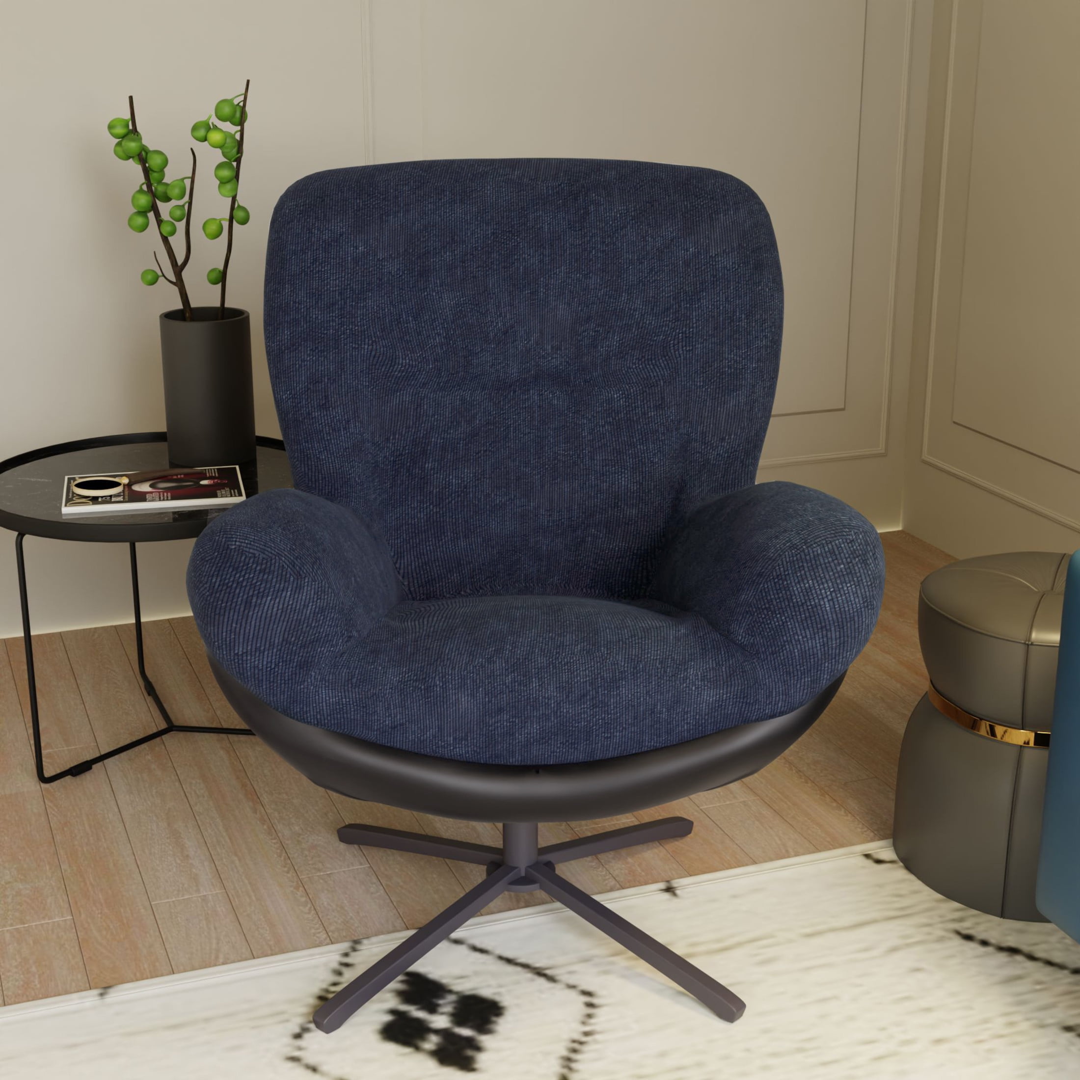 Talvora Modern 360° Swivel Upholstered Chenille Accent Chair, Metal Base, Navy Blue