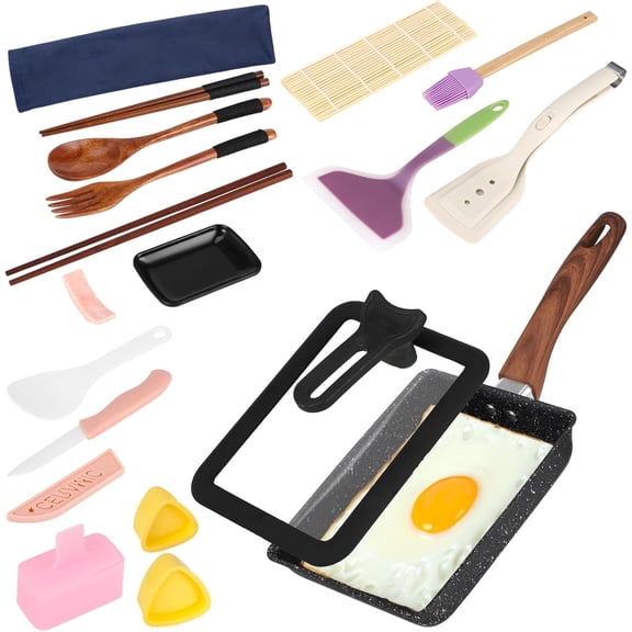 Tamagoyaki Pan Kit, Rectangular Cast Iron Omelette Maker with Lid, Nonstick Skillet, Wooden Handle, Includes Spatula, Mat, Knife, Cooking Brush, Sushi Accessories