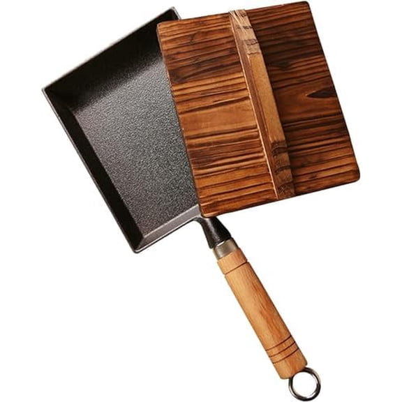 Tamagoyaki Pan Mini Frying Pan, Uncoated Cast Iron Rectangle Japanese Skillet with Wooden Lid Can Work As Serving Plate,Black$$Home Decor, Kitchen, & Other