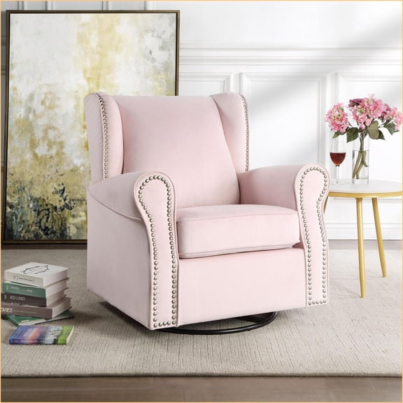Tamaki Glider Chair, Fabric Upholstered Swivel with Nail-Head Trim | Pink, Light Gray, Gray & Off-White