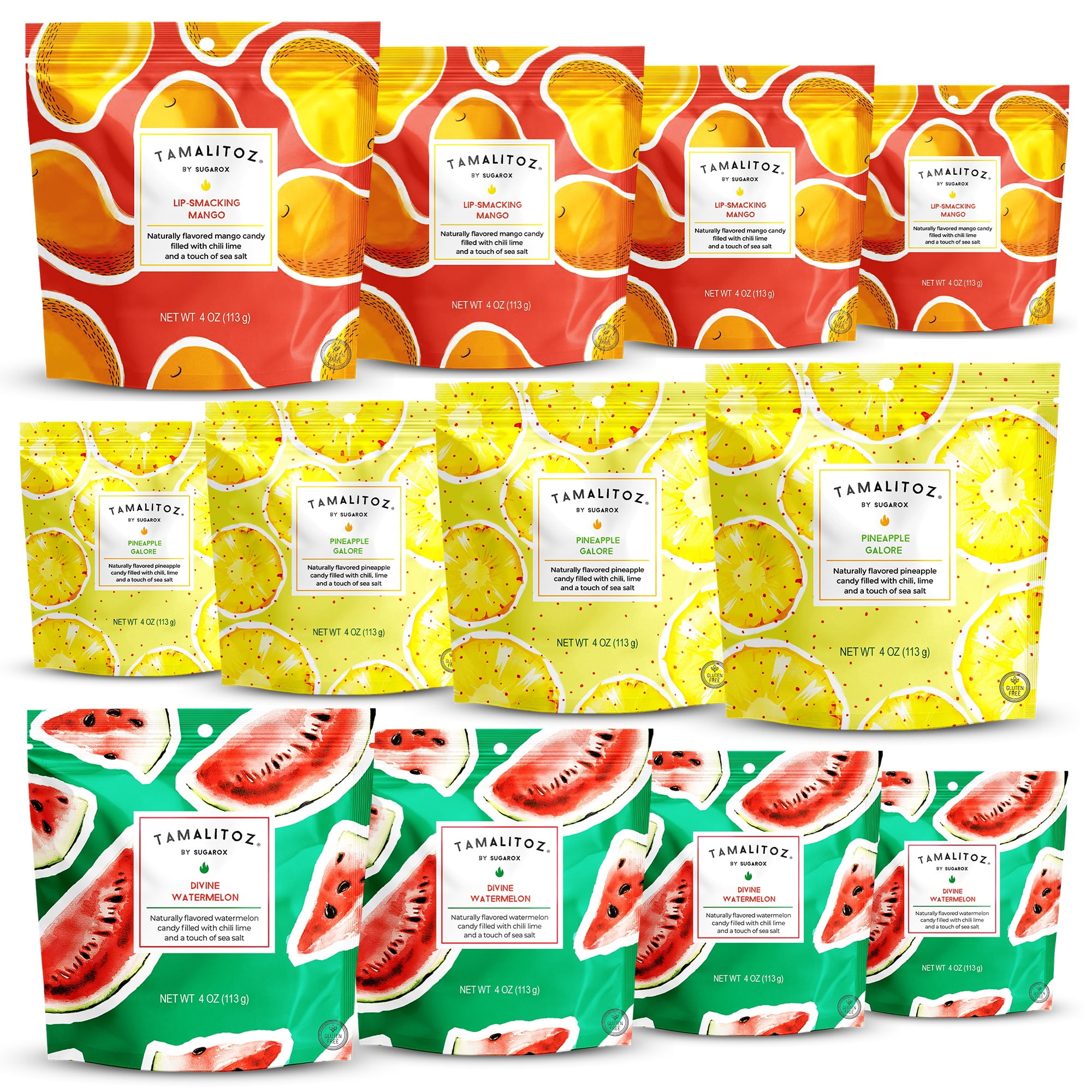 Tamalitoz Best Sellers Mix – Spicy Mango, Pineapple & Watermelon Mexican Hard Candy Filled with Chile, Lime & Sea Salt – Handcrafted Candy, Gluten-Free, Kosher, 12 Bags – 4oz Each