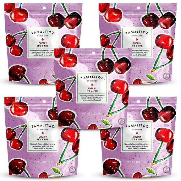 Tamalitoz Cherry Its a Fire Spicy Cherry Mexican Hard Candy with Chile, Lime & Sea Salt Handcrafted Candy, Gluten-Free, Kosher, No Artificial Colors 5 Bags, 4oz Each