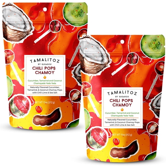 Tamalitoz Chili Pops Chamoy Spicy Mexican Lollipops with Chili, Lime, Sea Salt, Coconut, Tamarind & Cucumber Flavors Fruity Handcrafted Candy, Gluten-Free, Kosher, 2 Bags, (11oz)
