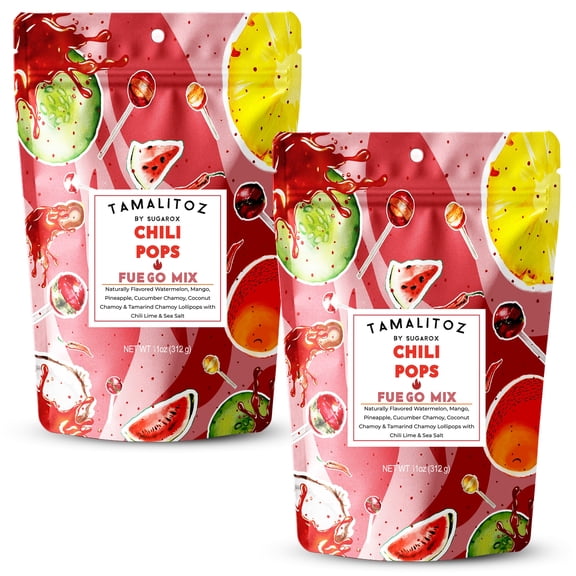 Tamalitoz Chili Pops Fuego Mix  Mexican Lollipops with Chili, Lime & Sea Salt Watermelon, Mango, Pineapple, Coconut, Cucumber & Tamarind Chamoy 2 Bags, (11oz each)