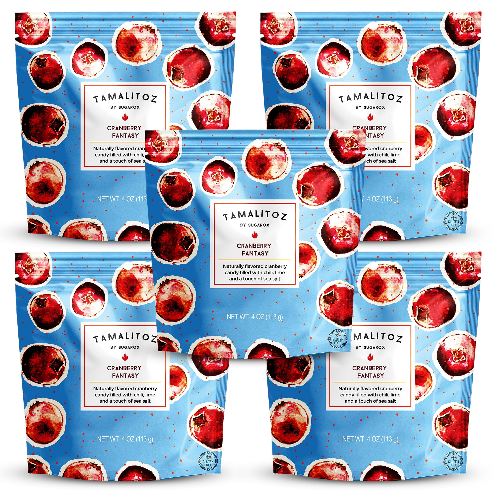 Tamalitoz Cranberry Fantasy – Spicy Cranberry Mexican Hard Candy Filled with Chile, Lime & Sea Salt – Handcrafted Fruit Candy, Gluten-Free, Kosher, No Artificial Colors, 5 Bags – 4oz Eac