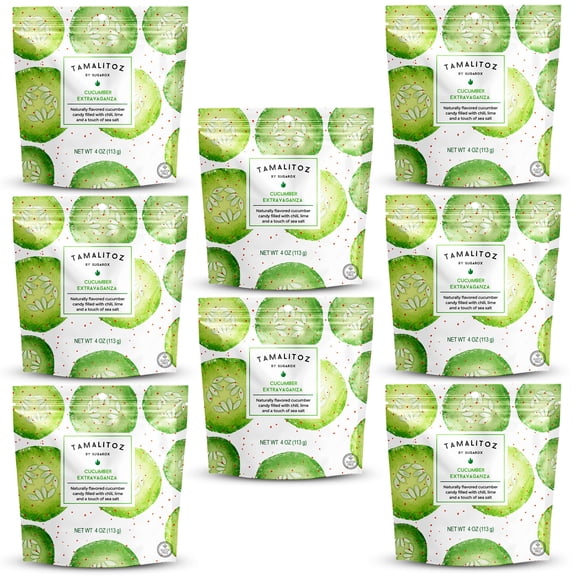 Tamalitoz Cucumber Extravaganza  Spicy Cucumber Mexican Hard Candy Filled with Chile, Lime & Sea Salt  Handcrafted Mexican Fruit Candy, Gluten-Free, Kosher, No Artificial Colors, 8 Bags  4oz Each