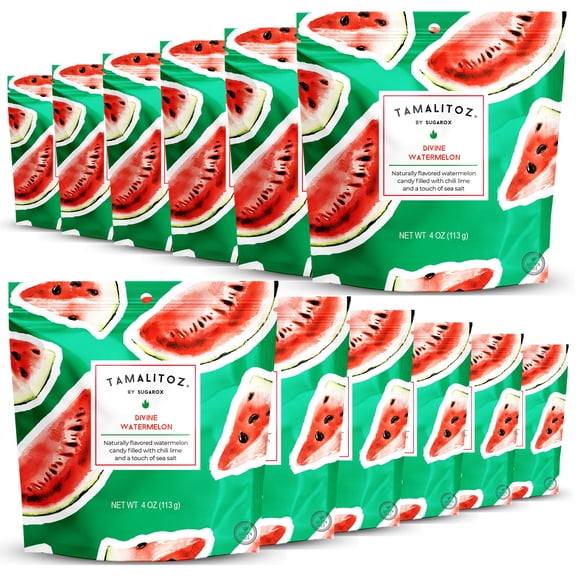 Tamalitoz Divine Watermelon  Spicy Watermelon Mexican Hard Candy Filled with Chile, Lime & Sea Salt  Handcrafted Candy, Gluten-Free, Kosher, 12 Bags  4oz Each