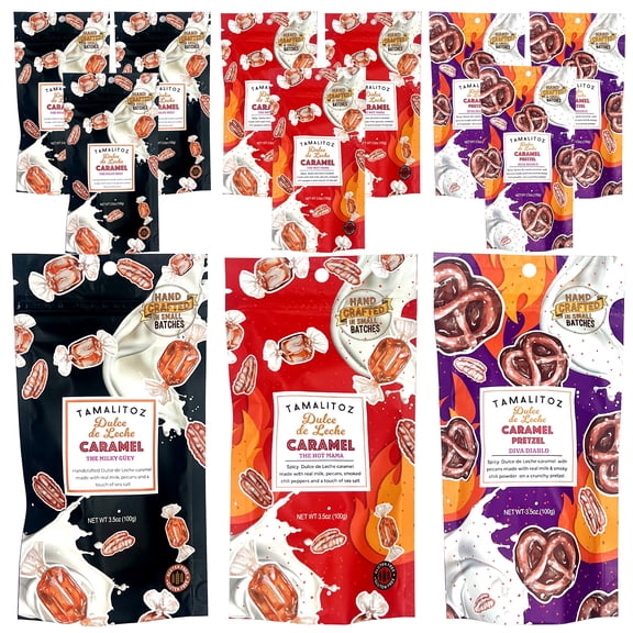 Tamalitoz Dulce de Leche Variety Pack 3 Flavors: The Milky Gey, The Hot Mama & Diva Diablo Creamy, Nutty & Spicy Mexican Caramel Candy Small Batch, Gluten-Free & Kosher 12 Bags (3.5oz Each)