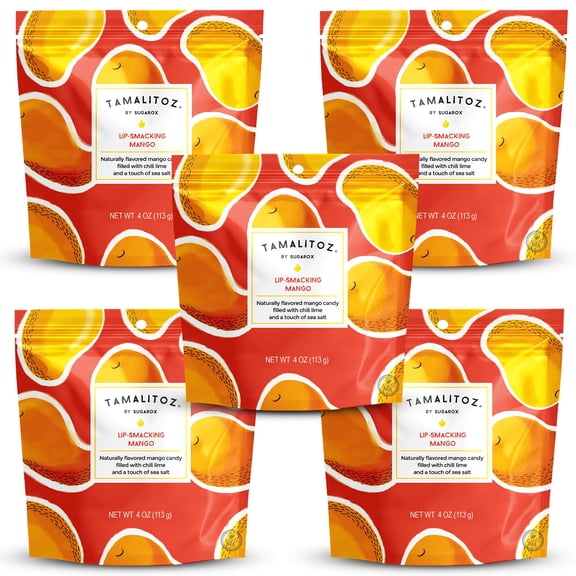 Tamalitoz Lip-Smacking Mango Spicy Mango Mexican Hard Candy Filled with Chile, Lime & Sea Salt Center, Handcrafted Fruit Candy, Gluten-Free, Kosher, No Artificial Colors 5 Bags (4oz Each)