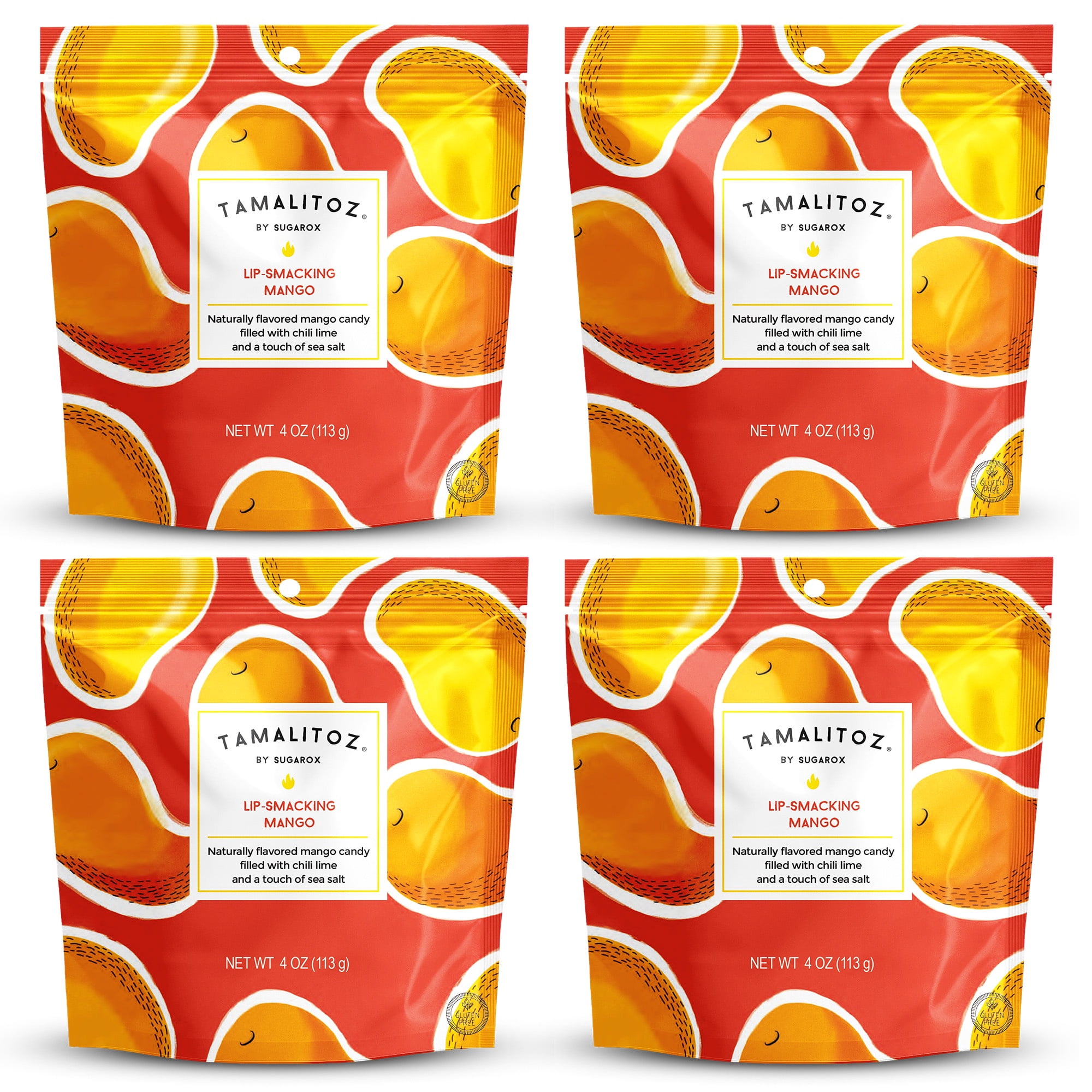 Tamalitoz Lip-Smacking Mango – Spicy Mango Mexican Hard Candy Filled with Chile, Lime & Sea Salt Center, Handcrafted Fruit Candy, Gluten-Free, Kosher, No Artificial Colors – 4 Bags (4oz Each)