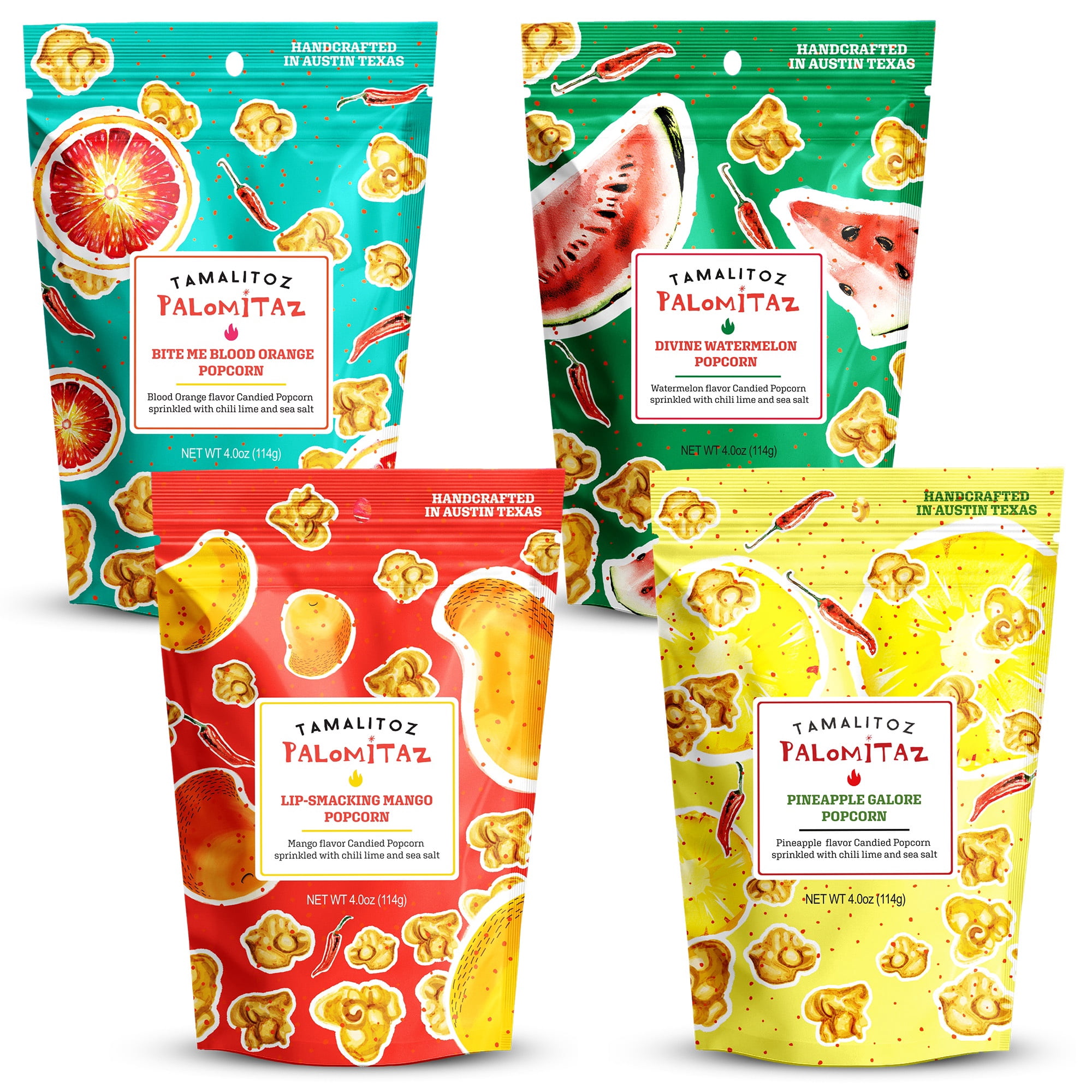 Tamalitoz Palomitaz Gourmet Popcorn Fiesta Mexican Popcorn Variety Bag with Chile, Lime & Sea Salt Mango, Watermelon, Blood Orange, Pineapple Handcrafted Snack, Gluten-Free, Kosher 4 Bags (4oz Each)