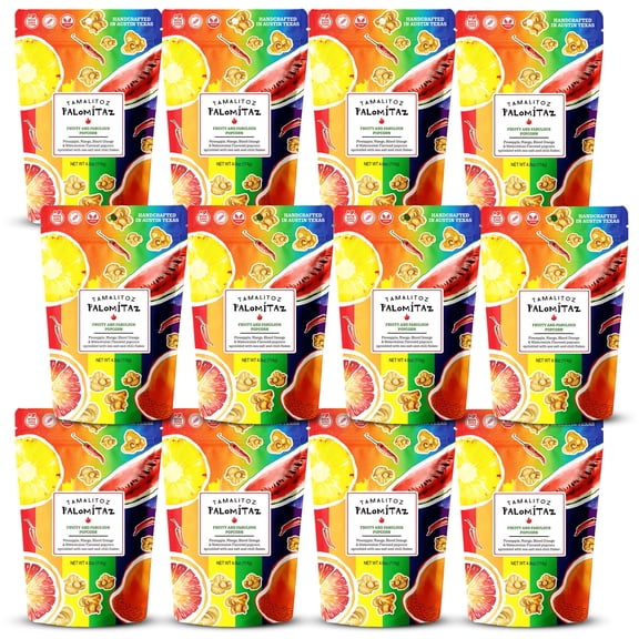 Tamalitoz Palomitaz Gourmet Popcorn Fruity & Fabulous Popcorn Sweet & Spicy Mexican-Style Kettle Corn with Mango, Pineapple, Blood Orange & Watermelon Gluten-Free, Vegan 12 Bags (4oz Each)