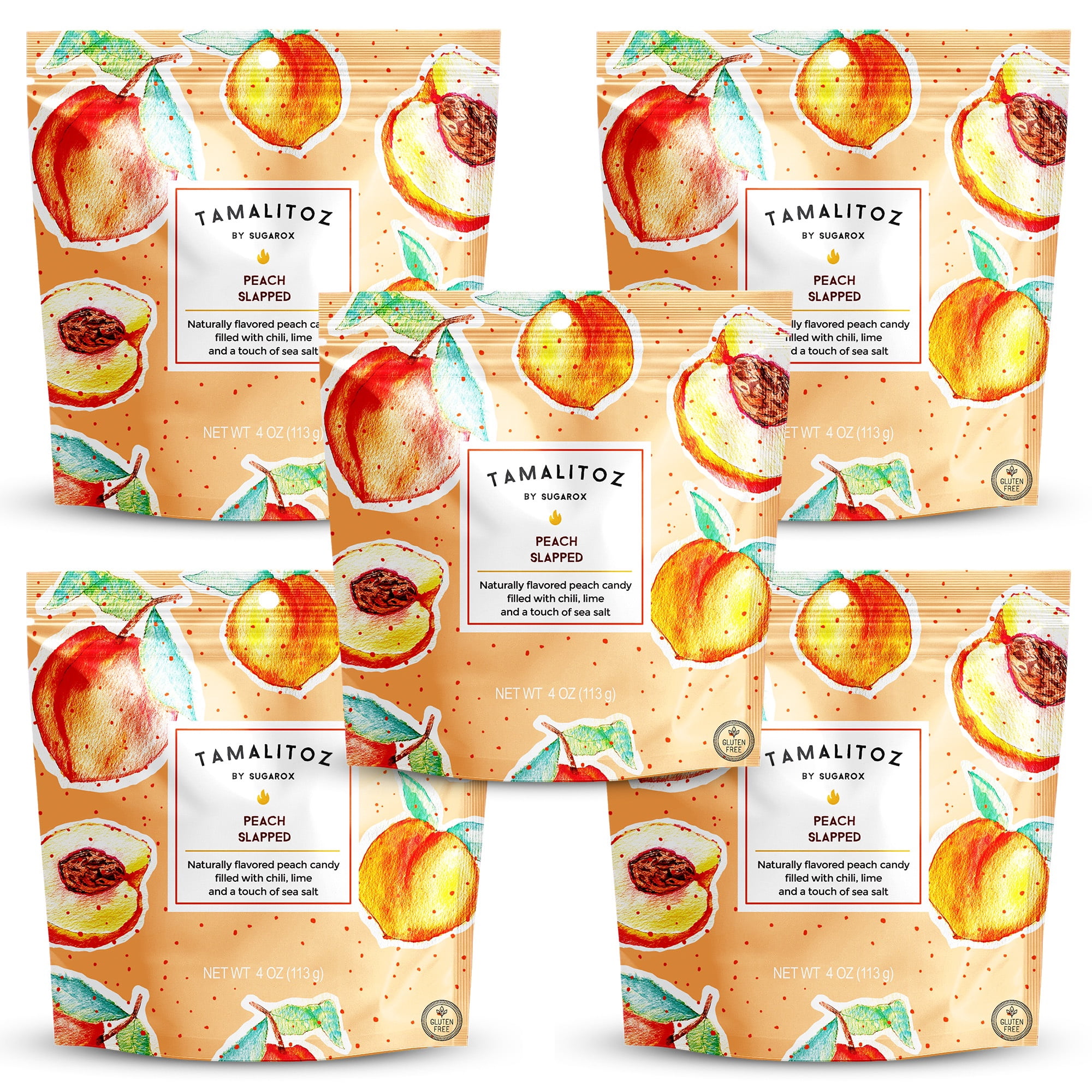 Tamalitoz Peach Slapped – Mexican Candy Spicy Peach Hard Candy with Chile, Lime & Sea Salt – Handcrafted Fruity Candy, Gluten-Free, Kosher, No Artificial Colors – 5 Bags, 4oz Each