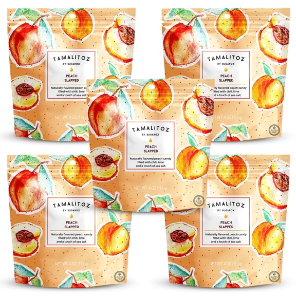 Tamalitoz Peach Slapped Mexican Candy Spicy Peach Hard Candy with Chile, Lime & Sea Salt Handcrafted Fruity Candy, Gluten-Free, Kosher, No Artificial Colors 5 Bags, 4oz Each
