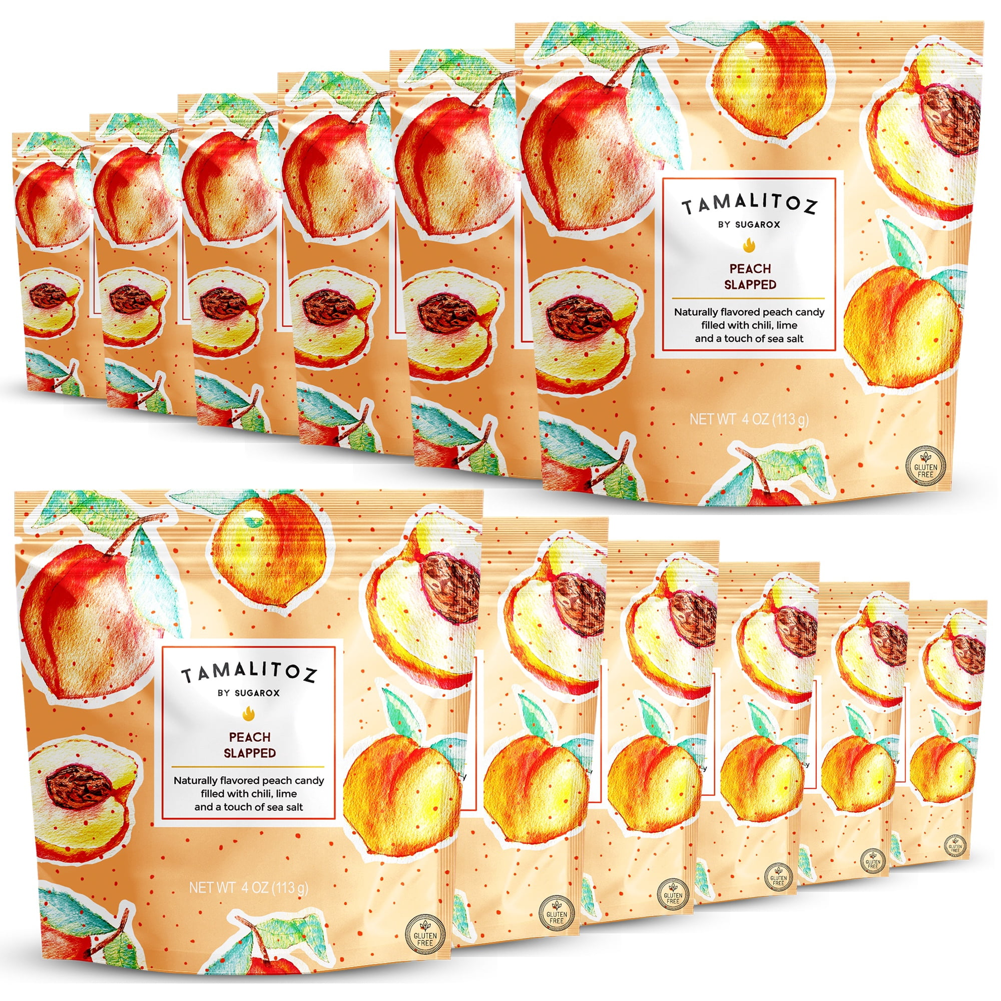Tamalitoz Peach Slapped – Spicy Peach Mexican Hard Candy with Chile, Lime & Sea Salt – Handcrafted Candy, Gluten-Free, Kosher, 12 Bags – 4oz Each