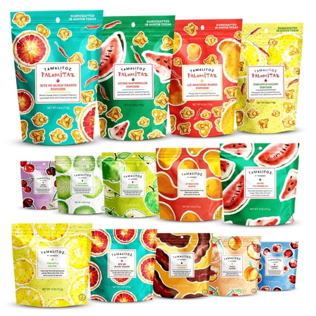 Tamalitoz Variety Fiesta – 14 Bags of Spicy Mexican Candy & Popcorn – Includes 10 Hard Candy Flavors with Chile Lime Sea Salt Centers + 4 Palomitaz Popcorn Flavors – Gluten-Free, Kosher, (2.75–4oz)