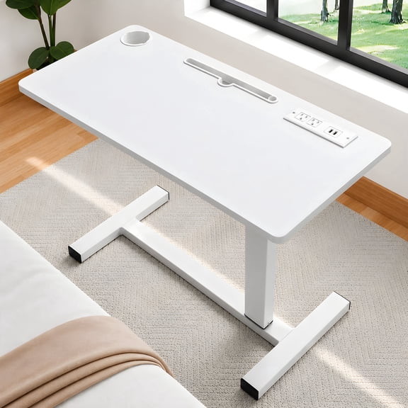 Naomi Home Adjustable Overbed Table with Charging Station, Rolling Hospital Bedside Table with Wheels, Height Adjustable Bed Desk for Laptop, Meals & Recovery Care White