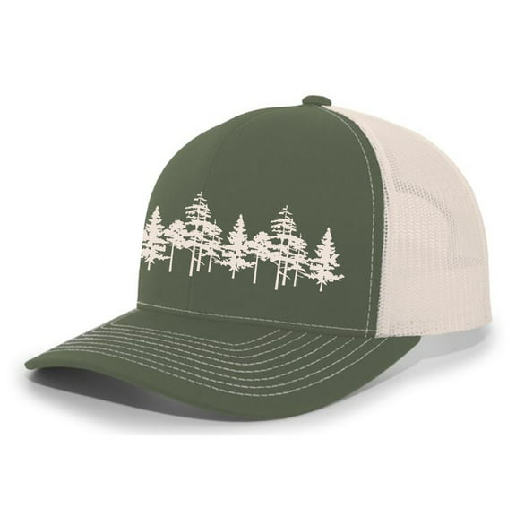 Tamarack Trees Forest Pine Woods Men's Embroidered Mesh Back Trucker Hat, Moss/Beige