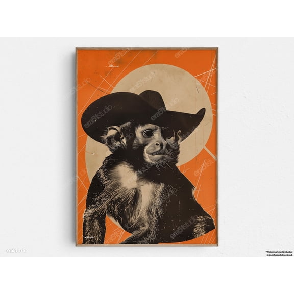 Tamarin Monkey Cowboy Mid Century Minimalist Decor Wall Art