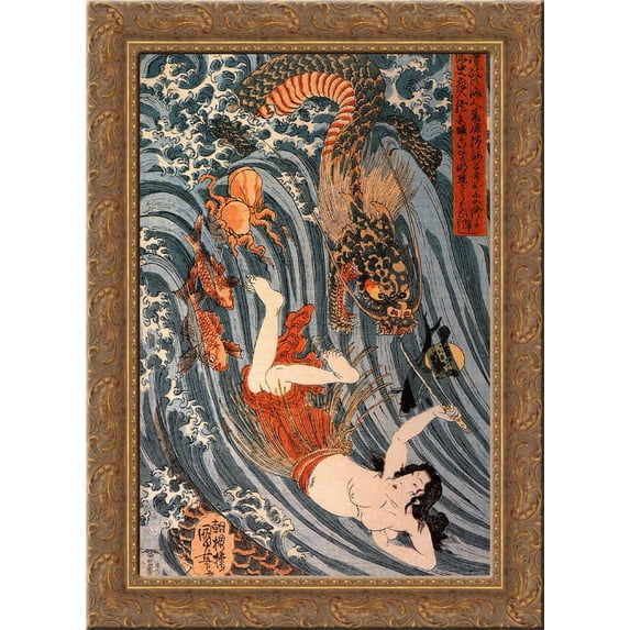 Tamatori being pursued bya dragon 24x18 Gold Ornate Wood Framed Canvas Art by Utagawa Kuniyoshi