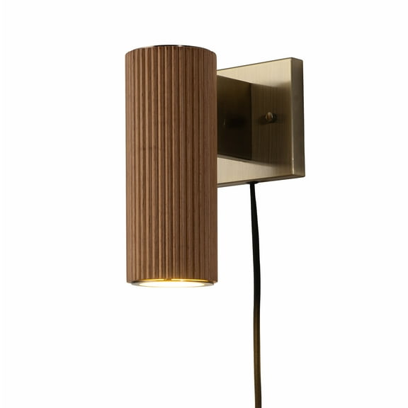 NOVA OF CALIFORNIA Tambo Wall Sconce - Natural Ash Wood Finish, Weathered Brass, Plug-in, Dimmer