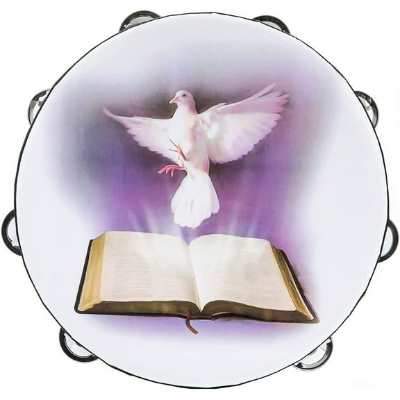Tambourine 10 inch Dove Bible Double Row Jingle Tambourine for Adults,Handbell Clap Drum Tambourine for Pray Church Party Musical Instrument (10 inch Dove)