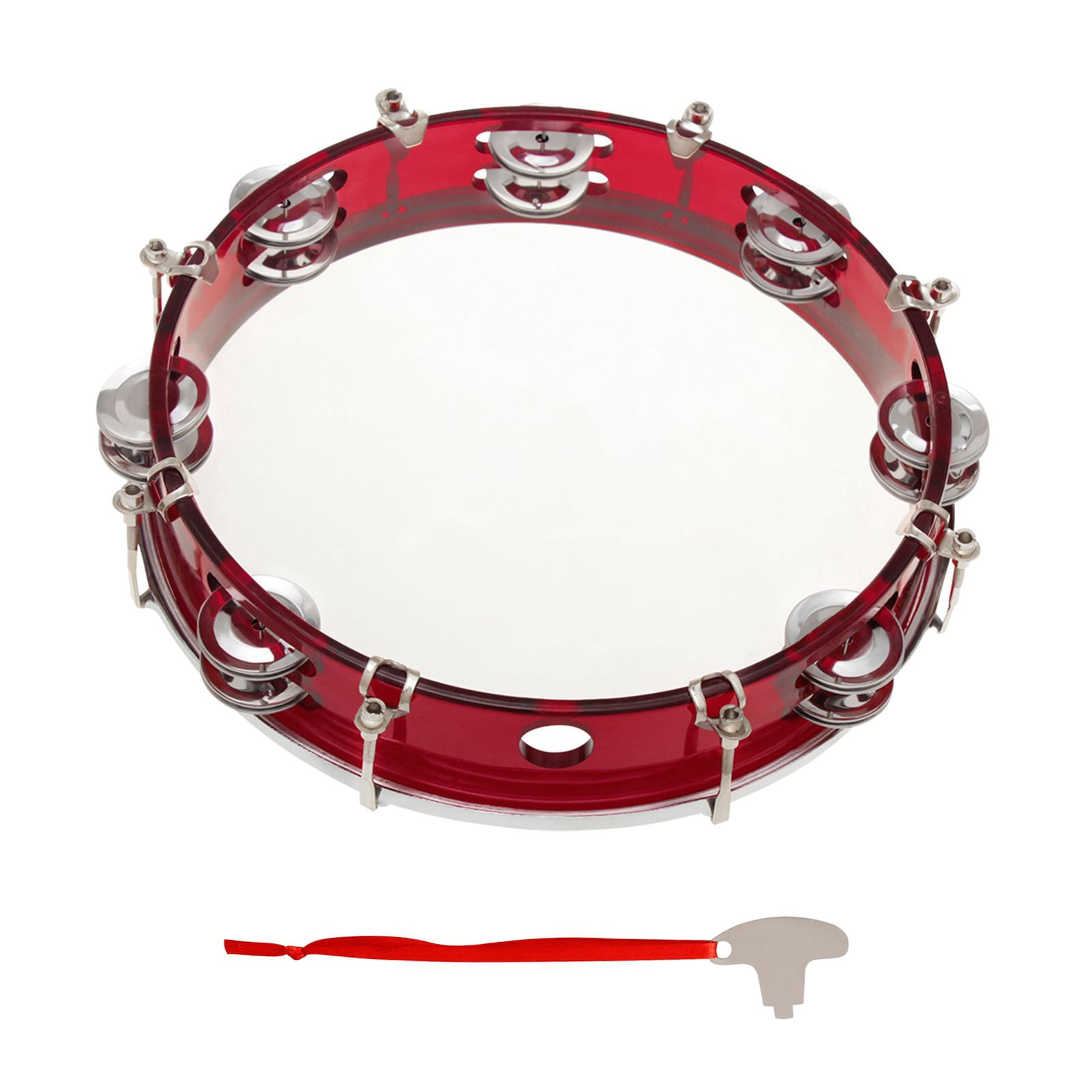 Tambourine for Kids 10 Inch Handheld Red Tambourine Double Row Percussion Drum Set Musical Toy for Performance Adults Kids Tuning Key