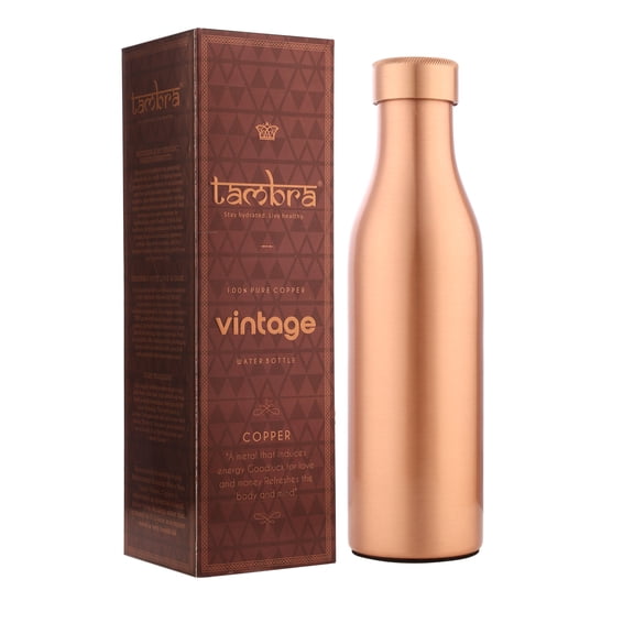Tambra Pure Copper Jointless Vintage Water Bottle for Drinking, Handcrafted Ayurvedic Copper Water Bottle, Leak Proof Lid | Smooth Finish Copper Bottle Water Vessel - 32 Oz (PLAIN)