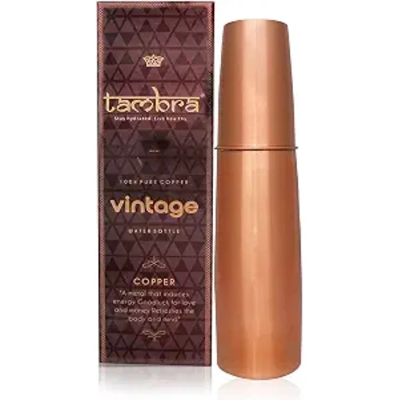 Tambra Pure Copper Jointless Vintage Water Bottle for Drinking, Handcrafted Ayurvedic Copper Water Bottle, Leak Proof Lid | Smooth Finish Copper Bottle Water Vessel - 32 Oz (2 IN 1)