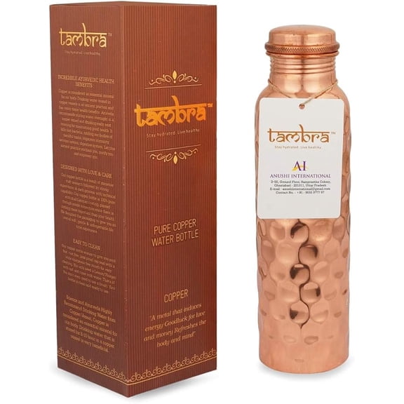 Tambra Pure Copper Water Bottle for Drinking, Handcrafted Ayurvedic Copper Water Bottle, Leak Proof Lid | Smooth Finish Copper Bottle Water Vessel | Copper Drinking Water Bottle - 34 Oz (HAMMERED)