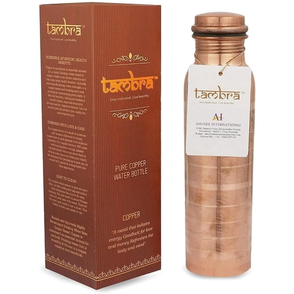 Tambra Pure Copper Water Bottle for Drinking, Handcrafted Ayurvedic Copper Water Bottle, Leak Proof Lid | Smooth Finish Copper Bottle Water Vessel | Copper Drinking Water Bottle - 34 Oz (LUXURY)