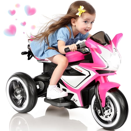 Tamco 6V Kids Ride on Motorcycle, Battery Power Ride on Motorcycle Toy with Music Play, Bluetooth, LED Light, 3 Wheels Electric Motorcycle for Boys & Girls 3-5 Yrs Toddlers, Pink