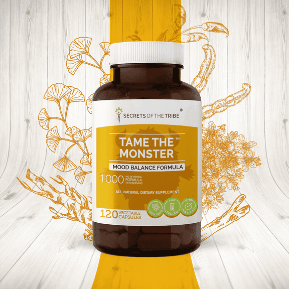 Secrets of the Tribe Tame the Monster Capsules Dietary Supplement, Natural Herb Blend, Made from Ashwagandha,St. John's Wort, Eleuthero Siberian Ginseng, Ginkgo, Valerian 120 Count