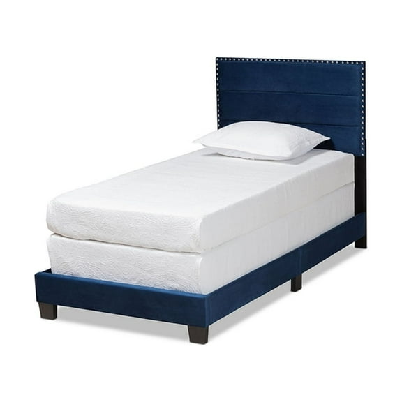Tamira Glam Navy Blue Velvet Fabric Upholstered Twin Size Panel Bed