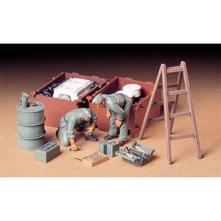 Tamiya WWII US Field Maintenance Yard Model Kit - 1/35 Scale With Crane, Tools, Figures