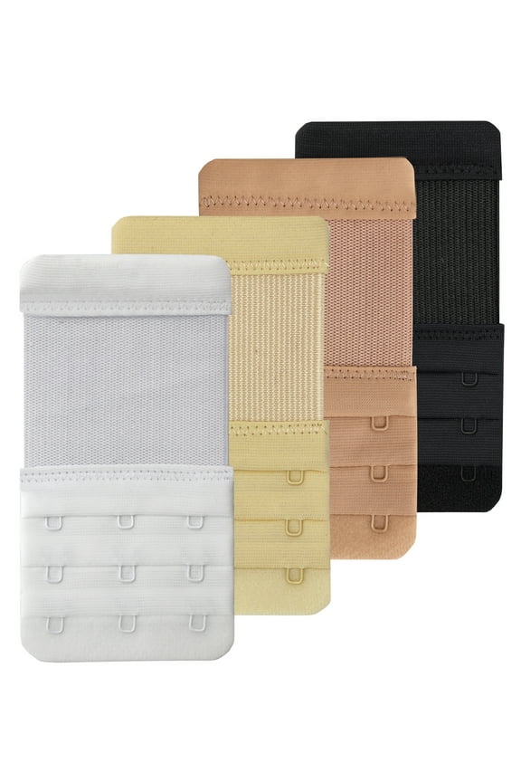 Adjustable Elastic Bra Extenders, 3 Rows x 4 Hooks, Black, Skin Color, Beige, White, 4 Pieces