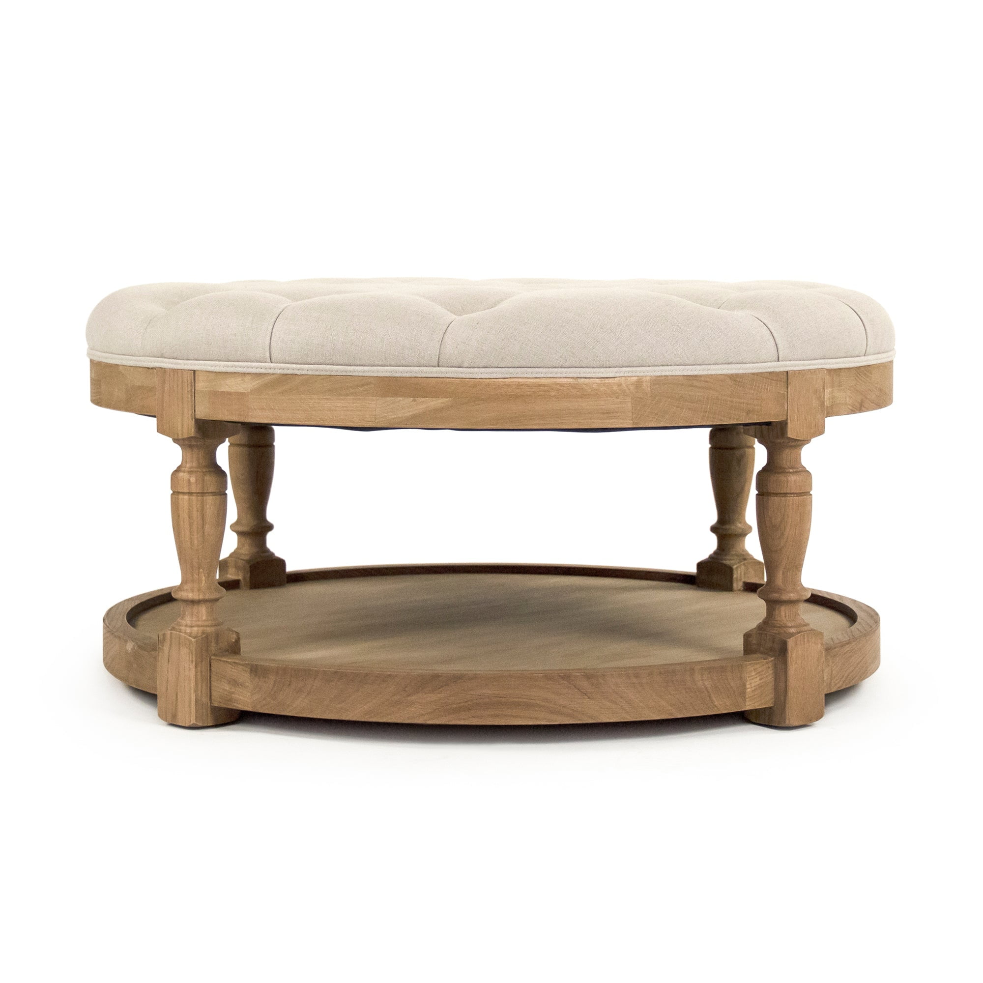 Natural Oak & Linen Round Tufted Upholstered Ottoman