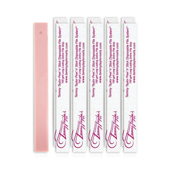 Tammy Taylor Peel 'N' Stick Finger Nail Files | Long-Lasting & Disposable Zebra 100 Grit Files with Emery Board | Replaceable, Travel-Friendly Size | Professional Acrylic Files | 10 Pack
