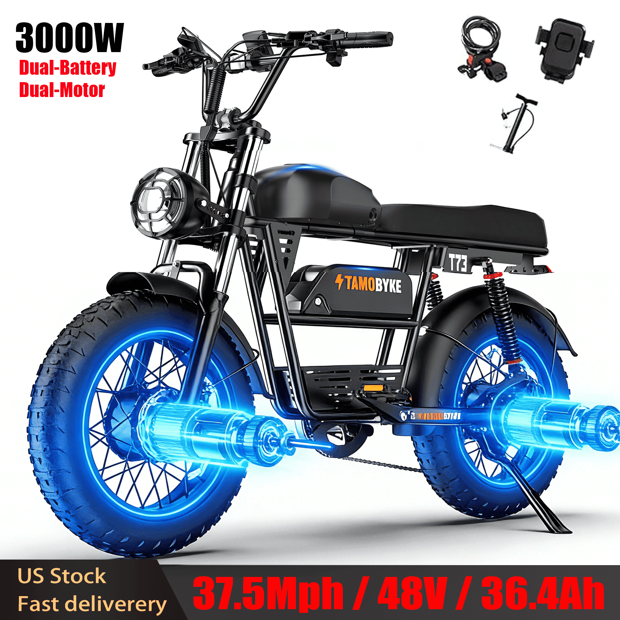 Tamobyke T73 Pro Max off road Electric Bike for Adults,3000W Peak Dual Motor,37.5mph 48V 36.4Ah Dual Battery Mountain Ebike,20" Fat Tire Full Suspension UL2849