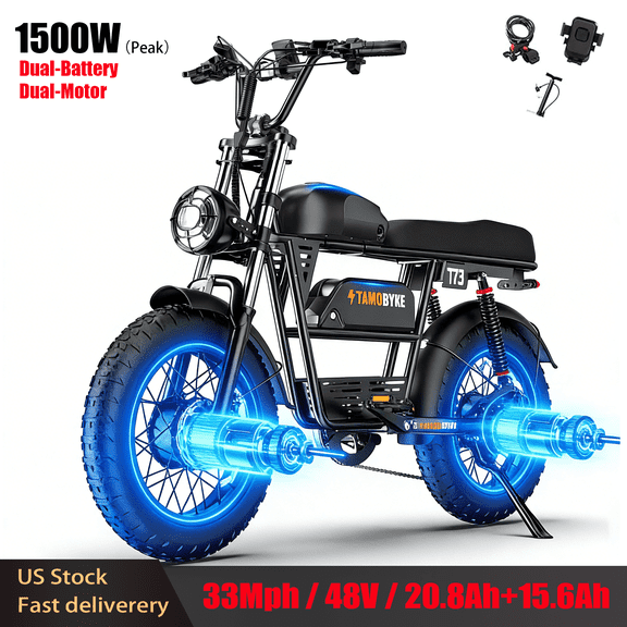 Tamobyke T73 PRO Max Off road Electric Bike for Adults,3000W Peak Dual Motor,37.5mph 48V 36.4Ah Dual Battery Mountain Ebike,20" Fat Tire Full Suspension UL2849