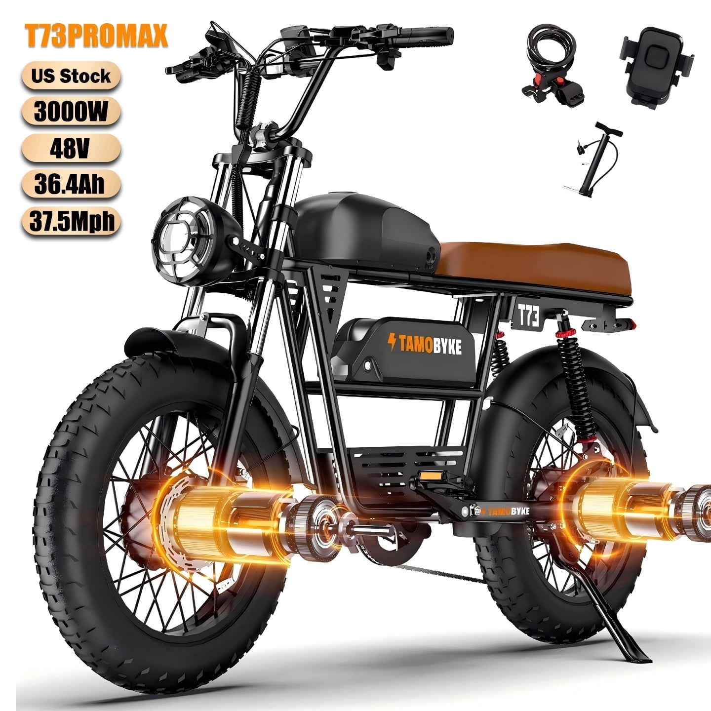 Tamobyke T73PROMAX Electric Bike for Adults, 3000W Peak Dual Motor, 37.5mph, 48V 36.4Ah Battery, 20" Fat Tire E-Mountain Bike UL2849