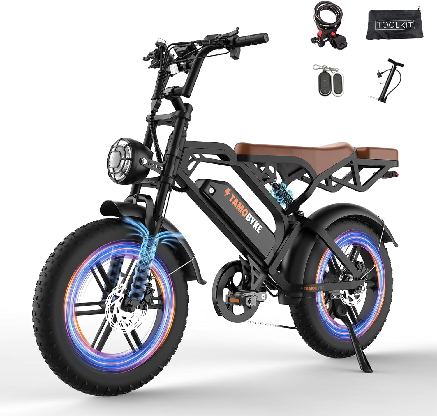 Tamobyke V20 Electric Bike for Adults, 20" Fat Tire E-Mountain Bicycle, Peak 1500W 48V 15.6Ah 30MPH Ebike Full Suspension UL2849