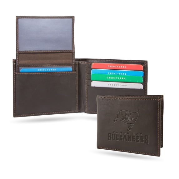 Tampa Bay Football Buccaneers Embossed Brown Leather Billfold Wallet (2 cash slots, ID flap)