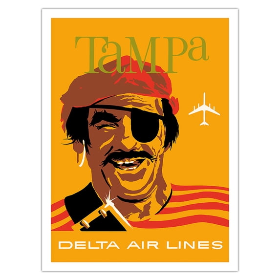 Tampa Florida - Delta Air Lines - Pirate Buccaneer - Vintage Airline Travel Poster by John Hardy c.1960s - Bamboo Fine Art 290gsm Paper (Unframed) 12x16in