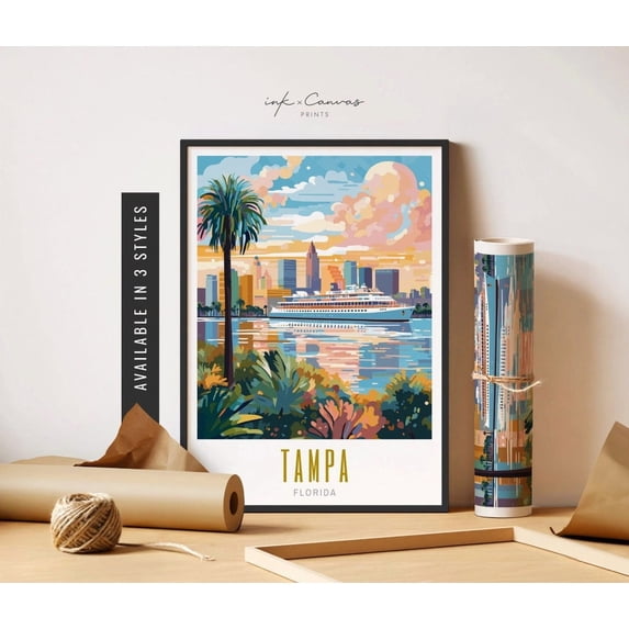 Tampa Florida Retro Travel Skyline Vintage Art Wall Art Poster UNFRAMED PAPER POSTER