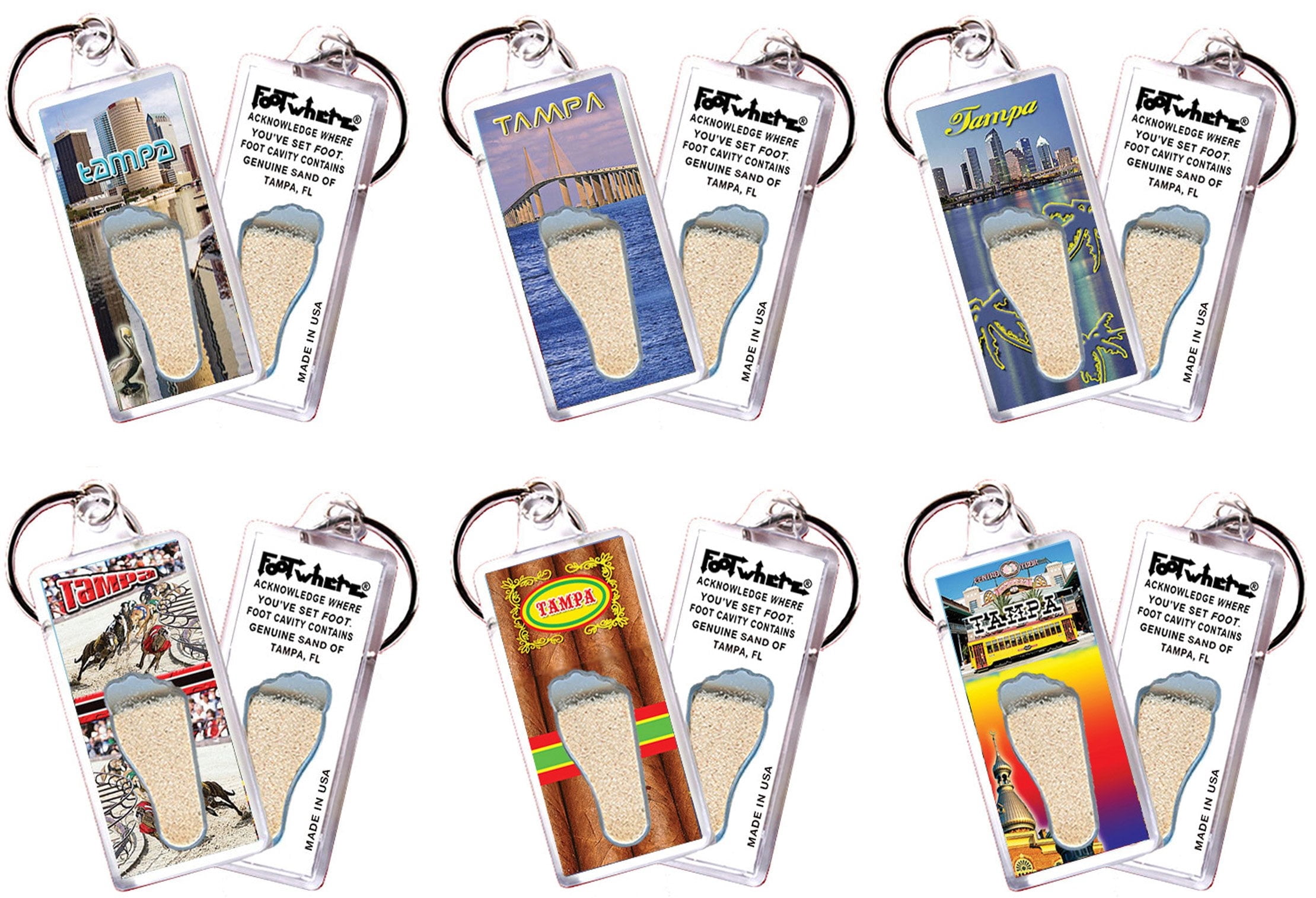 Tampa FootWhere Souvenir Keychains. (TP100 - Assorted) 6 Piece Set.