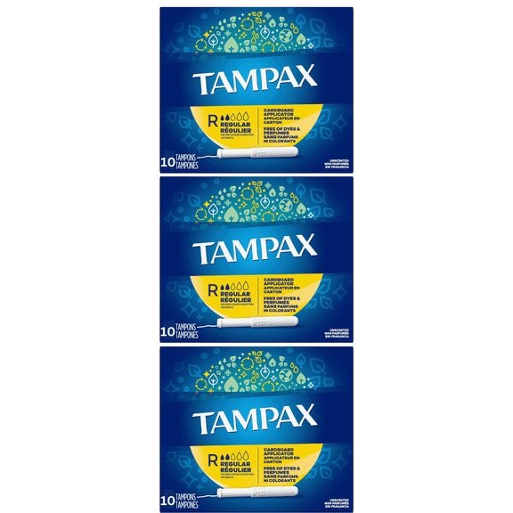 Tampax Cardboard Tampons Regular Absorbency, Anti-Slip Grip, LeakGuard Skirt, Unscented, 10 Count (3 Pack) 30 Count