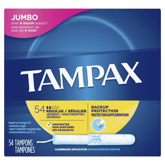 Tampax Cardboard Tampons Regular Absorbency, Anti-Slip Grip, LeakGuard Skirt, Unscented, 54 Count