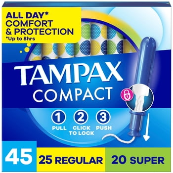 Tampax Compact Pearl Tampons Multipack, with LeakGuard Braid & Extendable Applicator, Regular/Super Absorbency, Compact Extendable Applicator, Unscented, 45 Count