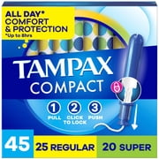 Tampax Compact Pearl Tampons Multipack, with LeakGuard Braid & Extendable Applicator, Regular/Super Absorbency, Compact Extendable Applicator, Unscented, 45 Count